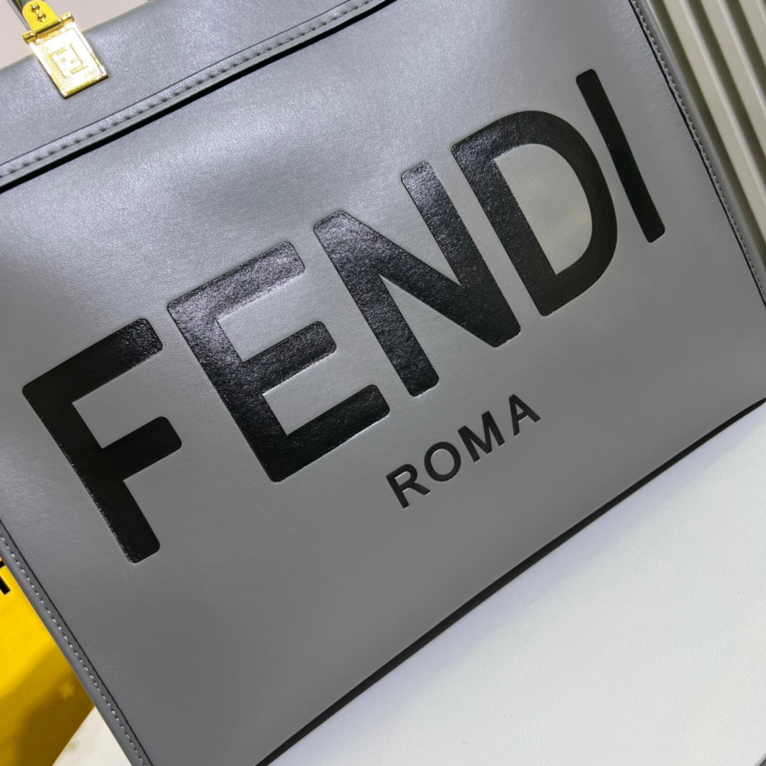 Fendi Sunshine Shopper Large Grey Leather Tote Bag with Tortoiseshell Handles