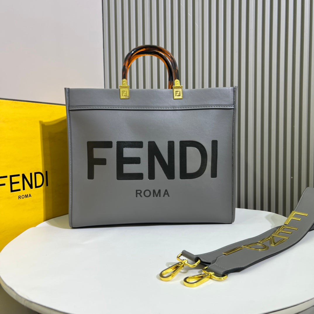 Fendi Sunshine Shopper Large Grey Leather Tote Bag with Tortoiseshell Handles