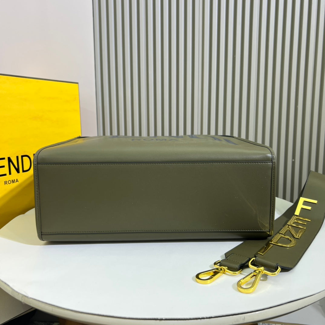 Fendi Sunshine Medium Shopper Bag - Olive Green Leather Tote with Fendi Roma Logo