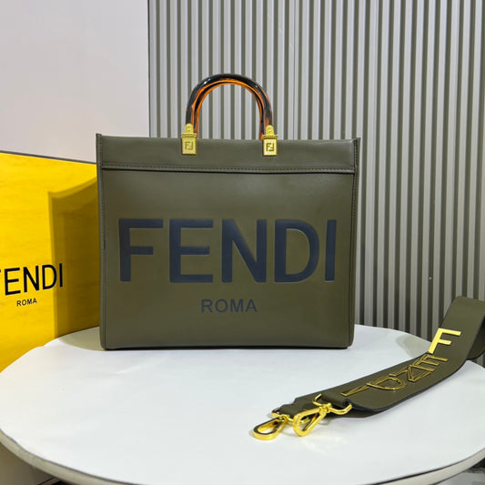 Fendi Sunshine Medium Shopper Bag - Olive Green Leather Tote with Fendi Roma Logo