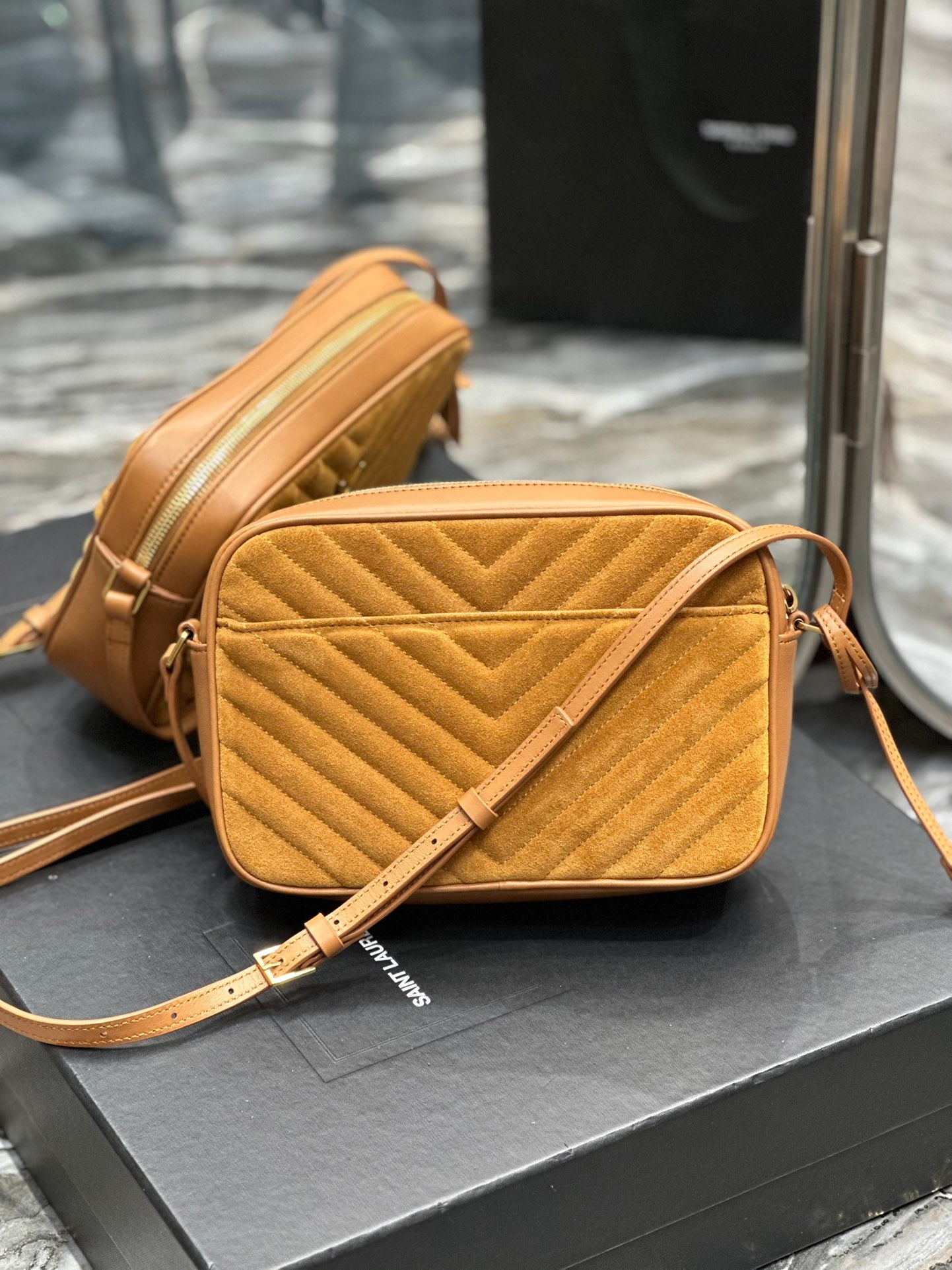 Saint Laurent Lou Medium Quilted Leather Camera Bag in Mustard Yellow