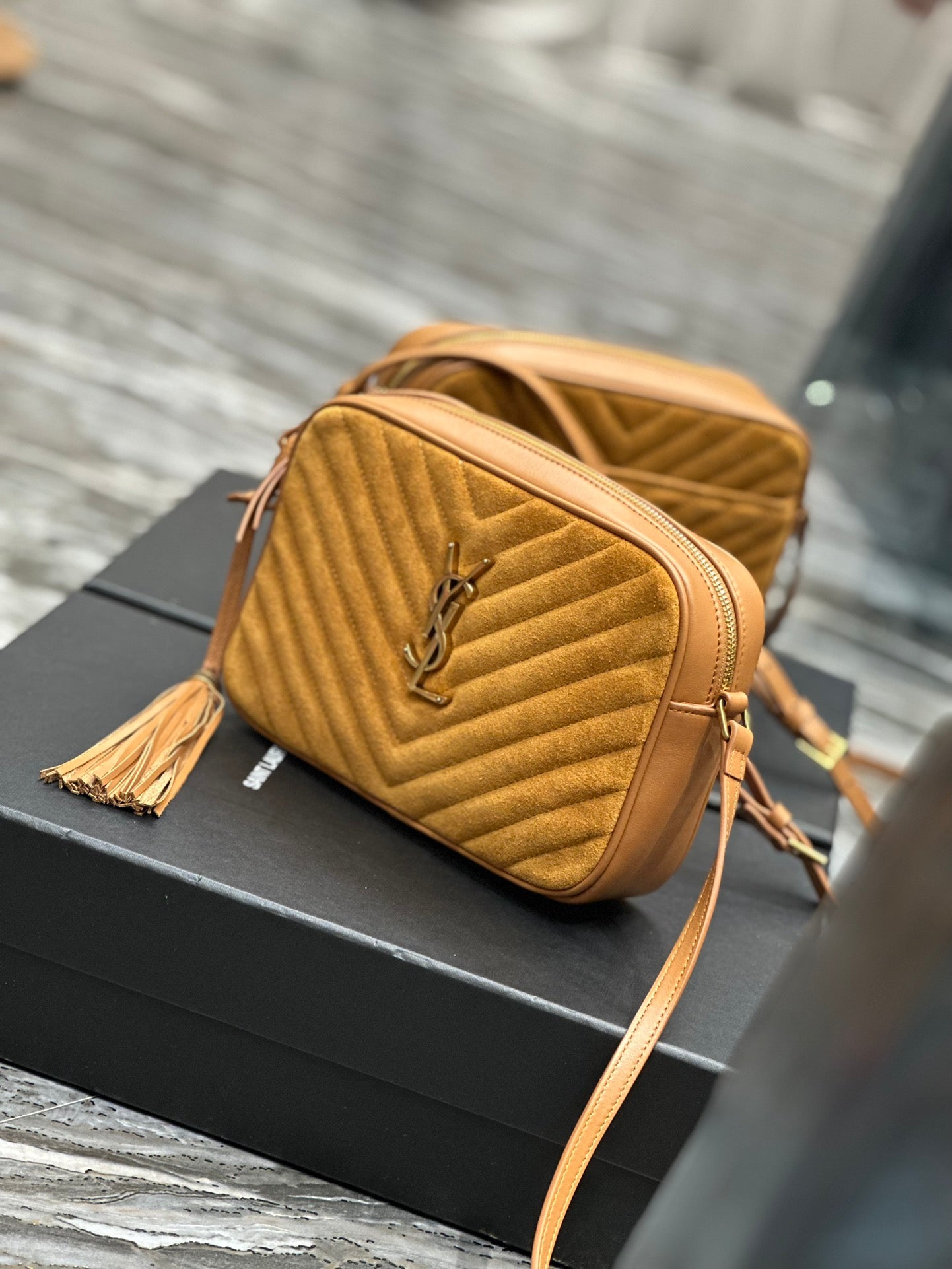 Saint Laurent Lou Medium Quilted Leather Camera Bag in Mustard Yellow