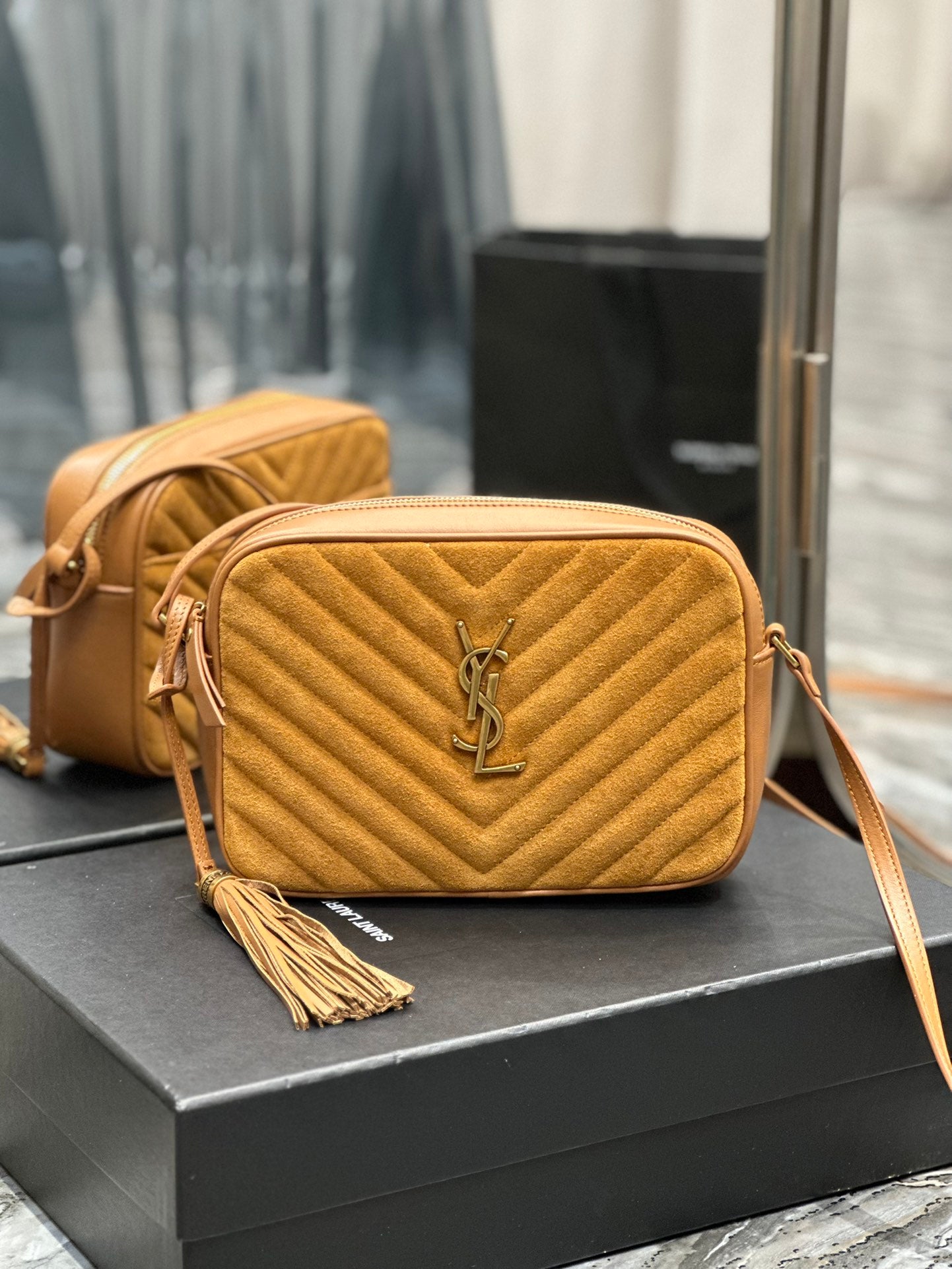 Saint Laurent Lou Medium Quilted Leather Camera Bag in Mustard Yellow