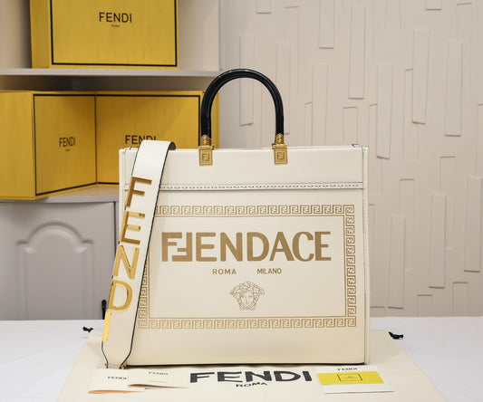 Fendace Sunshine Shopper Tote Bag - White Canvas Logo Bag - Fendi x Versace Collaboration