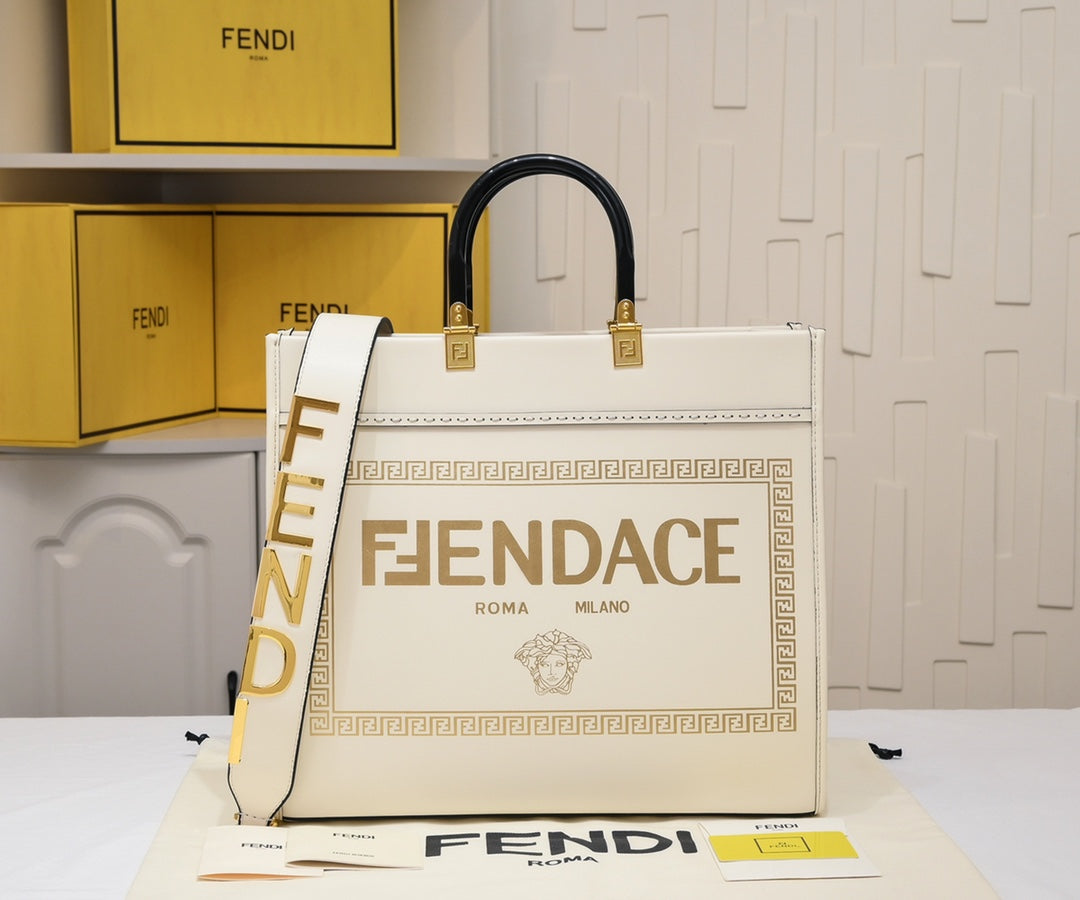 Fendace White Canvas Large Sunshine Tote Bag - Fendi x Versace Collaboration