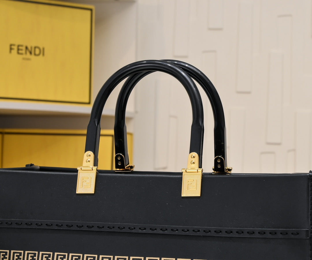 Fendace x Fendi x Versace Sunshine Shopper Tote Bag - Black Leather with Gold Hardware