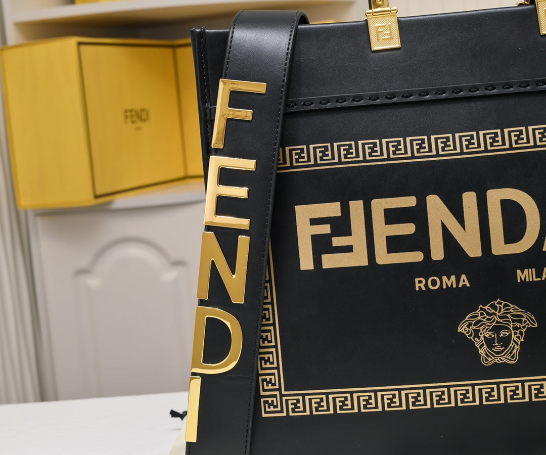 Fendace Black Leather Sunshine Shopper Tote Bag - Fendi x Versace Collaboration