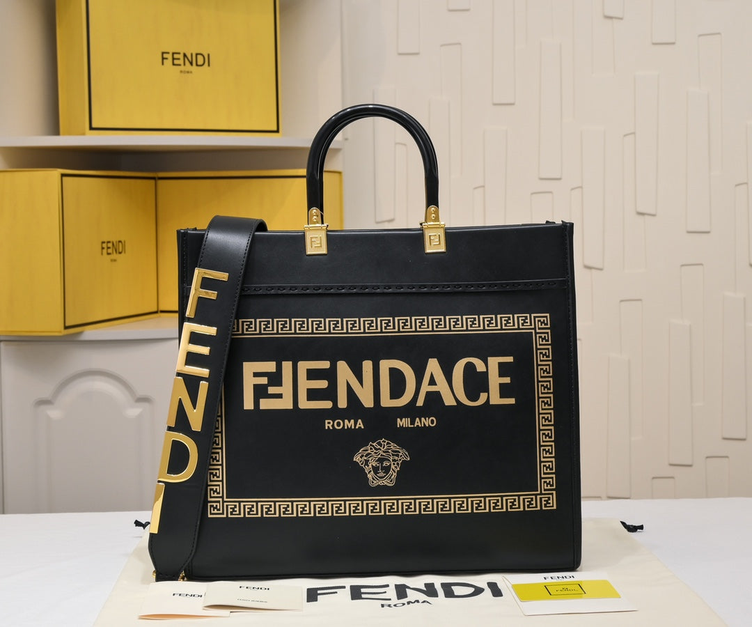 Fendace Sunshine Medium Black Leather Tote Bag - Fendi x Versace Collaboration