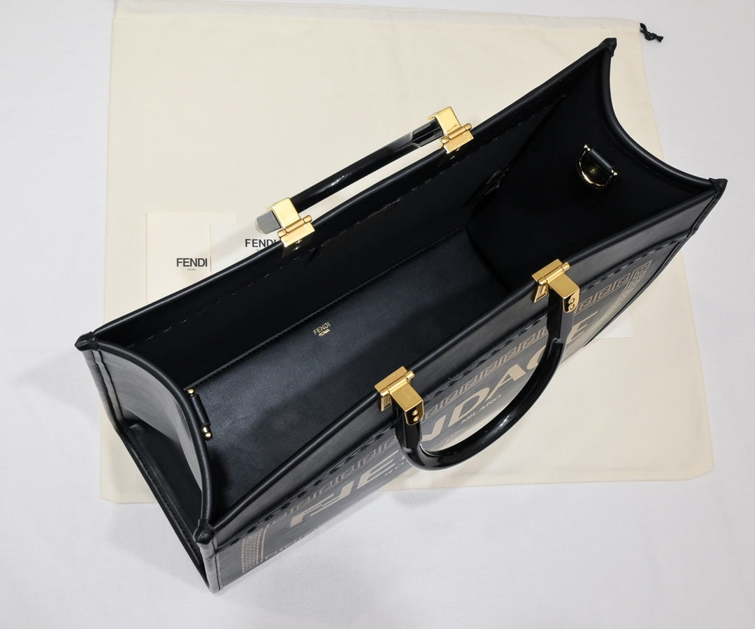 Fendace x Fendi x Versace Sunshine Shopper Tote Bag - Black Leather with Gold Hardware