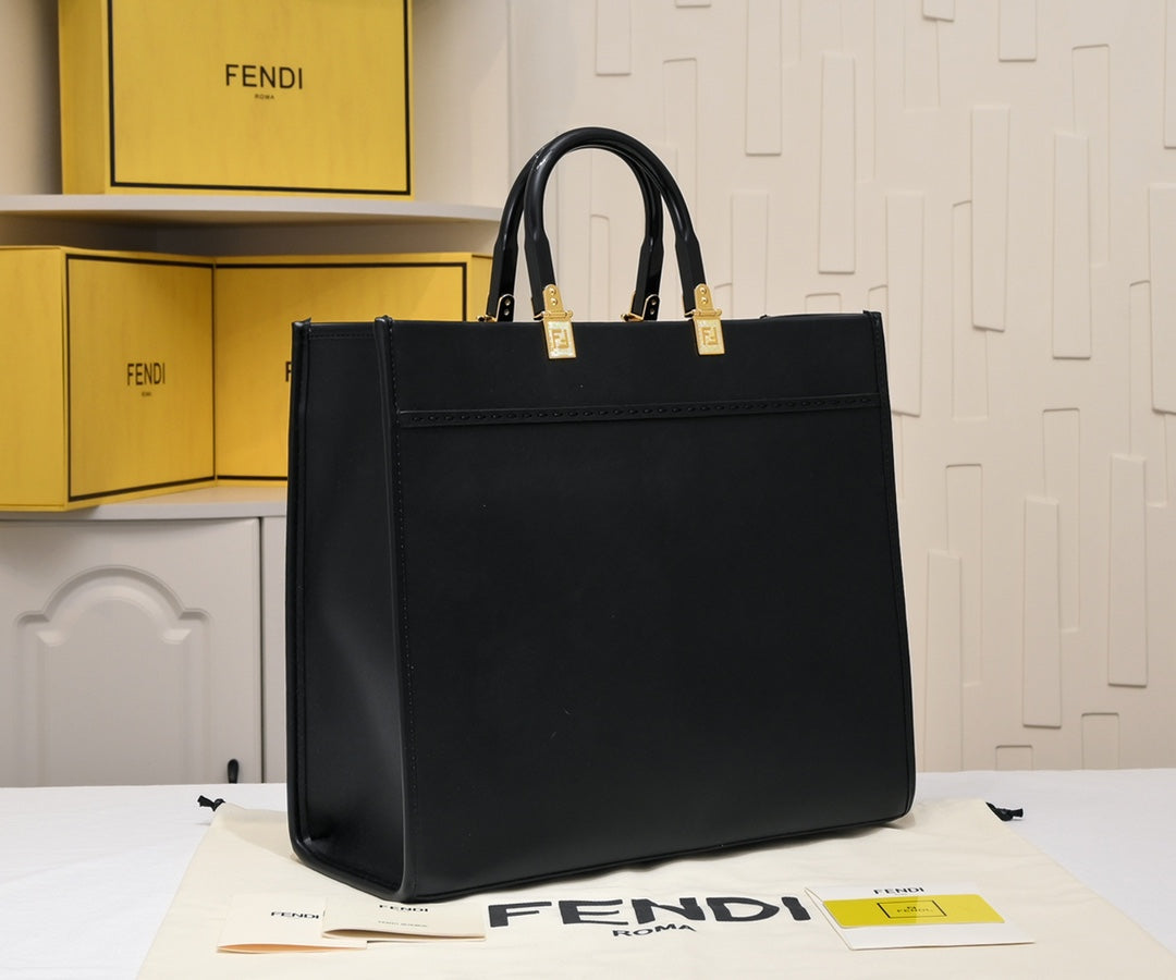 Fendace x Fendi x Versace Sunshine Shopper Tote Bag - Black Leather with Gold Hardware