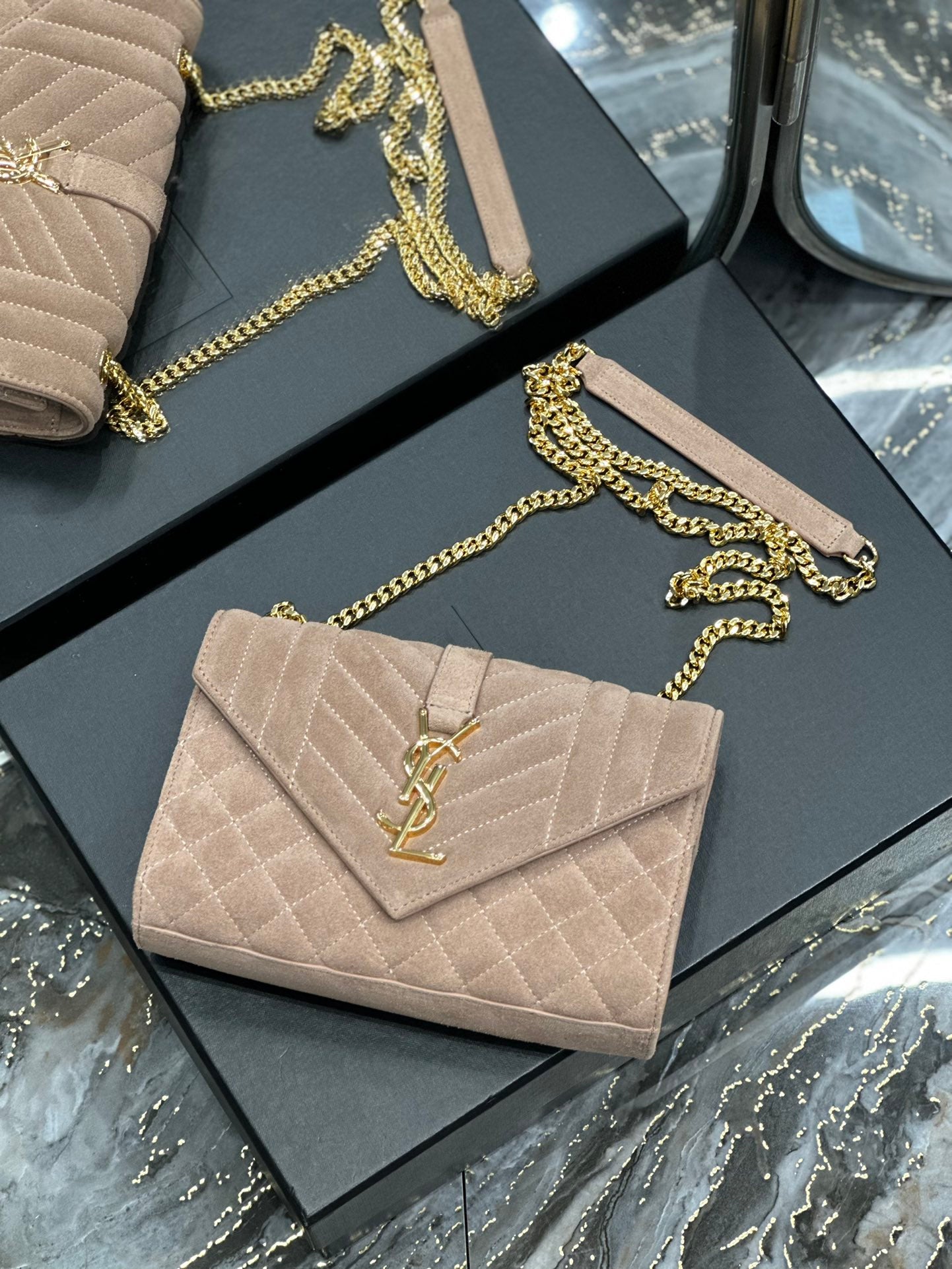 Saint Laurent Envelope Medium Chain Bag in Quilted Suede - Beige