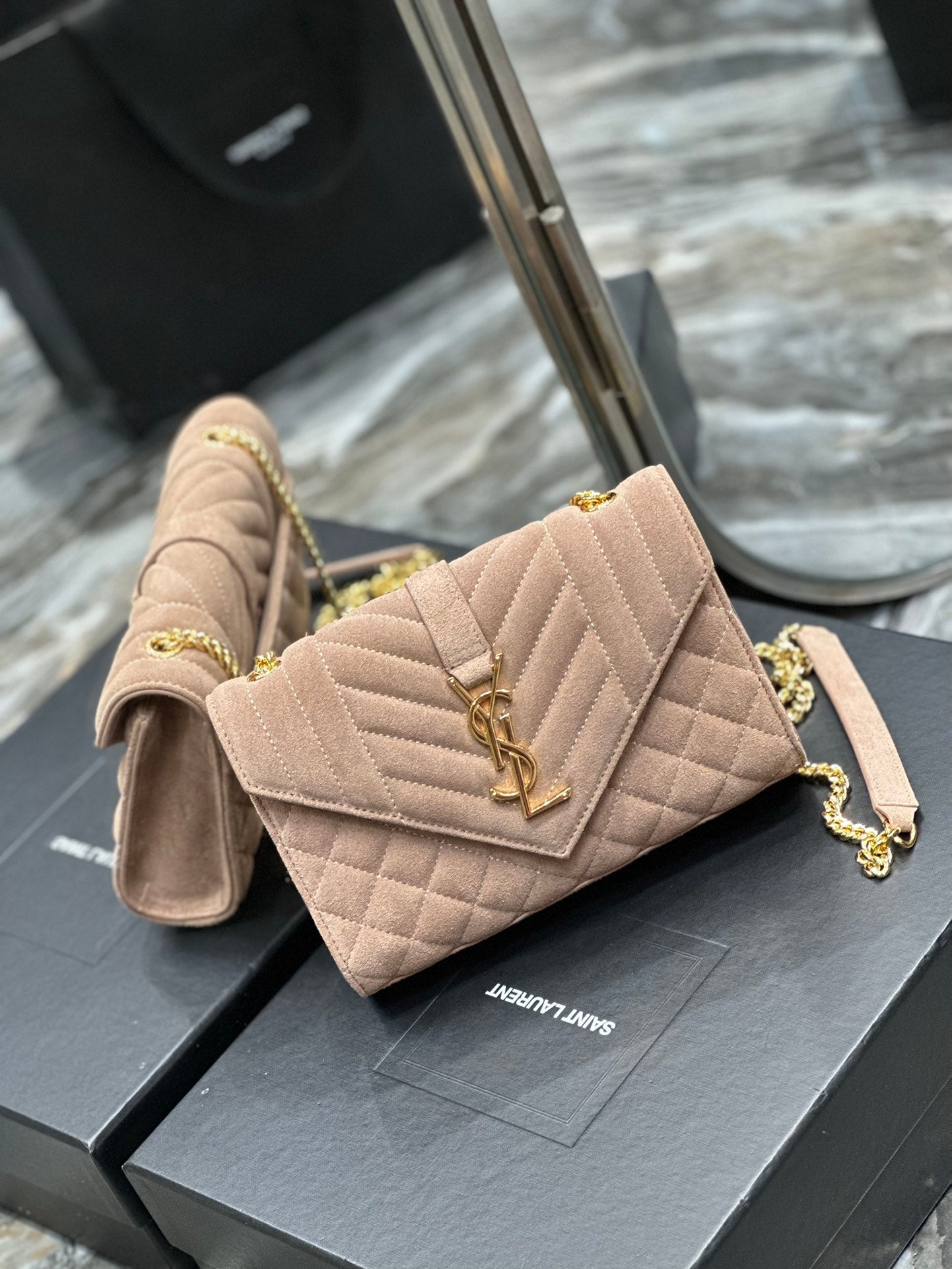 Saint Laurent Envelope Medium Chain Bag in Quilted Suede - Beige
