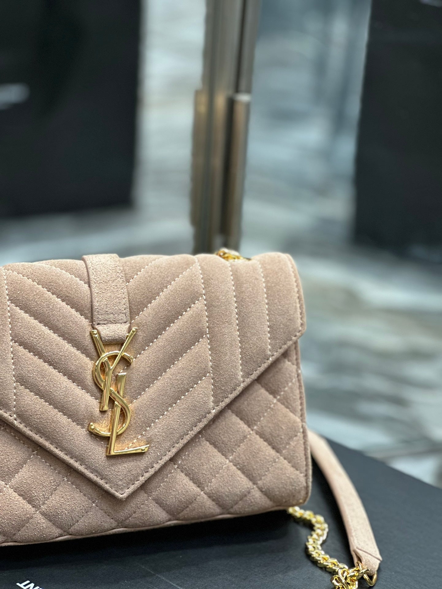 Saint Laurent Envelope Medium Chain Bag in Quilted Suede - Beige
