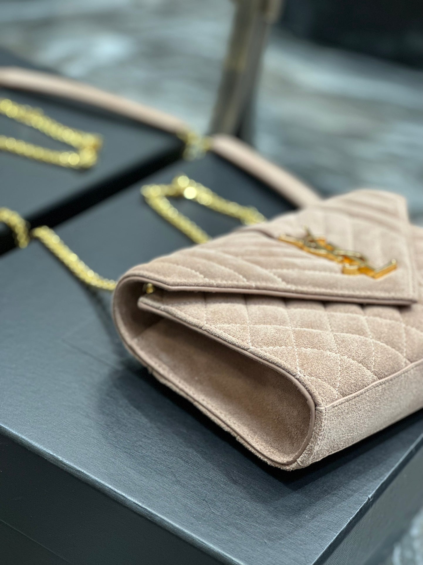 Saint Laurent Envelope Medium Chain Bag in Quilted Suede - Beige