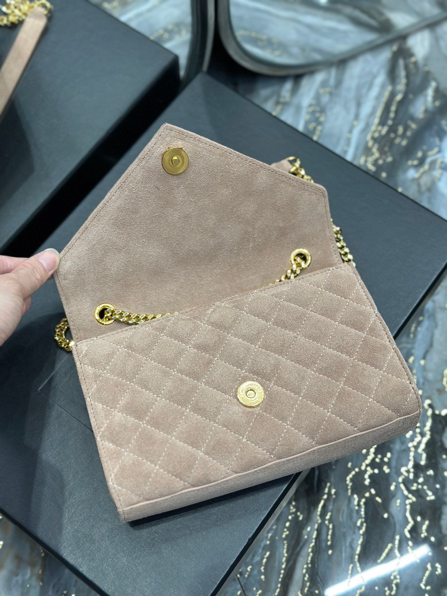 Saint Laurent Envelope Medium Chain Bag in Quilted Suede - Beige