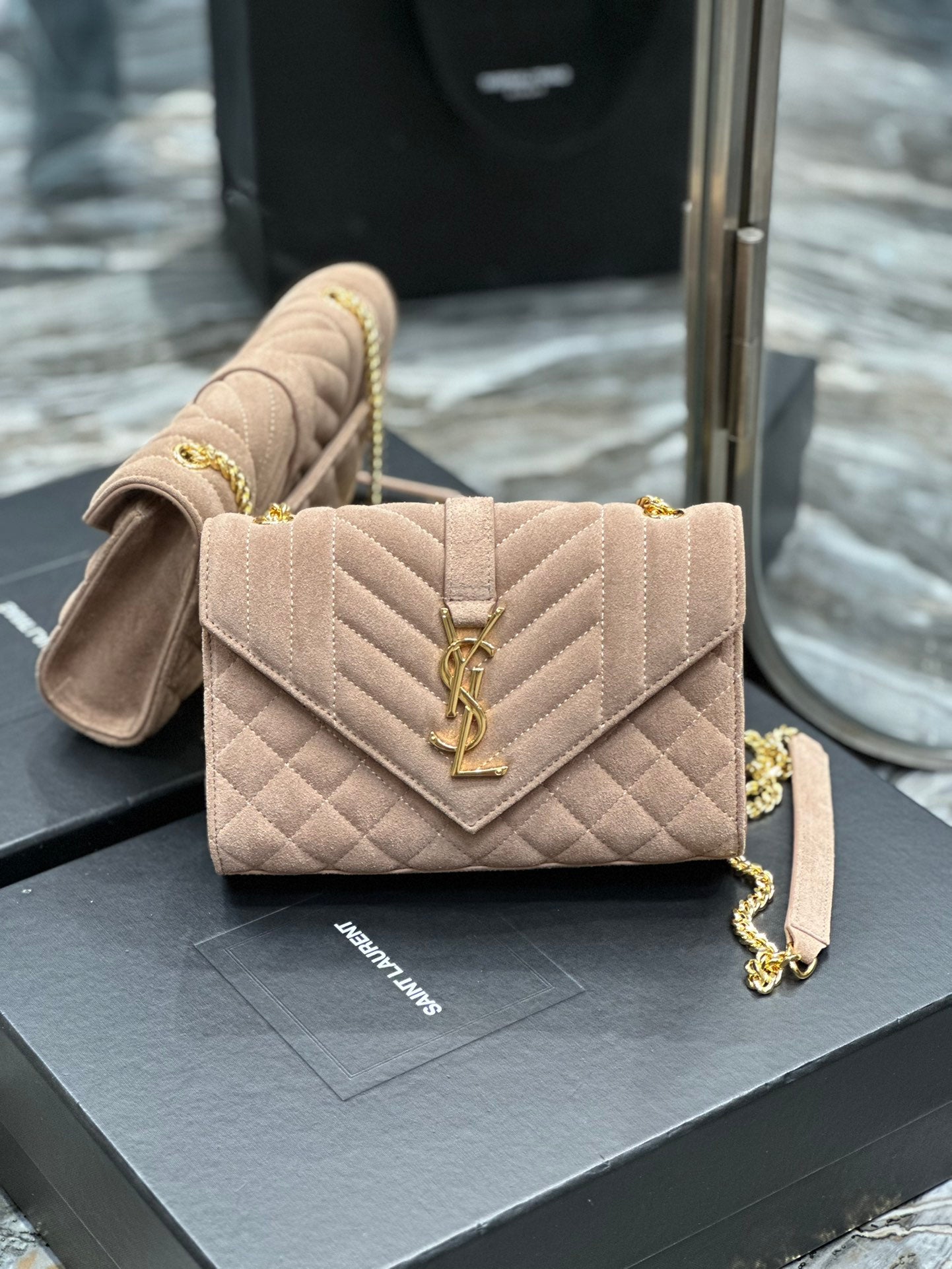 Saint Laurent Envelope Medium Chain Bag in Quilted Suede - Beige