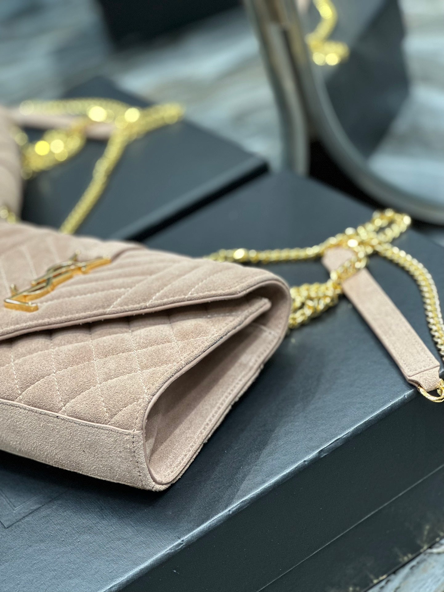 Saint Laurent Envelope Medium Chain Bag in Quilted Suede - Beige