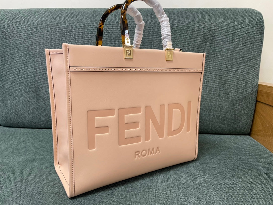 Fendi Sunshine Shopper Large Pink Leather Tote Bag with Tortoise Handles