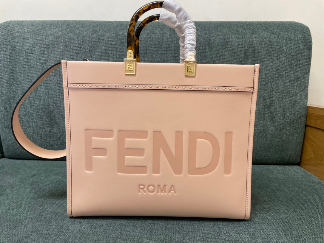 Fendi Sunshine Shopper Large Pink Leather Tote Bag with Tortoise Handles