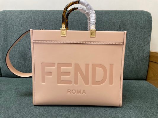 Fendi Sunshine Shopper Large Pink Leather Tote Bag with Tortoise Handles