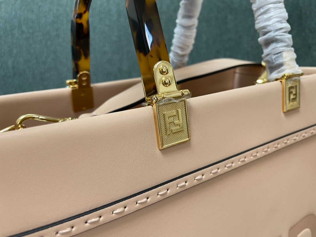 Fendi Sunshine Shopper Large Pink Leather Tote Bag with Tortoise Handles
