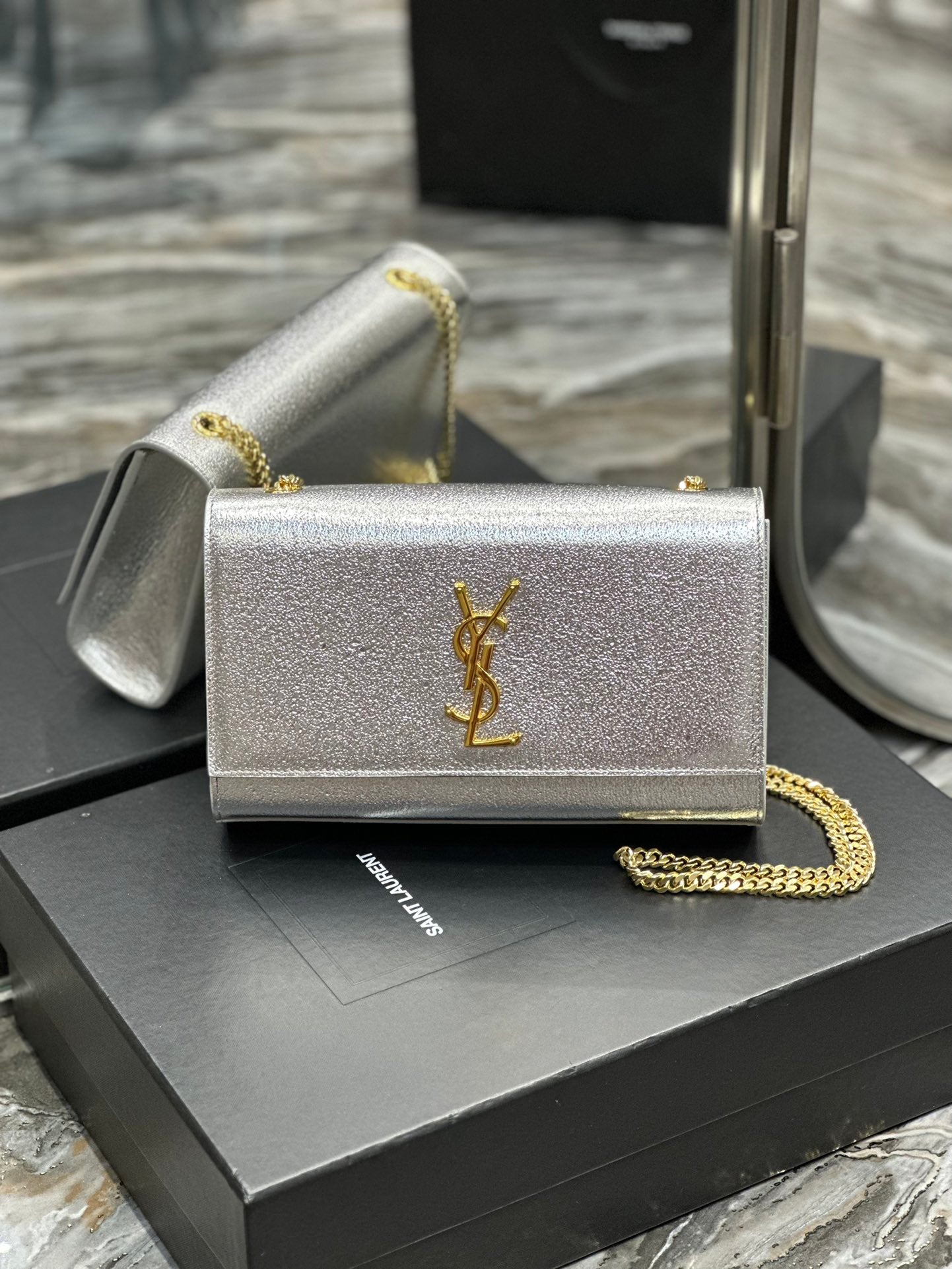 Saint Laurent Kate Medium Silver Glitter Shoulder Bag with Gold Hardware