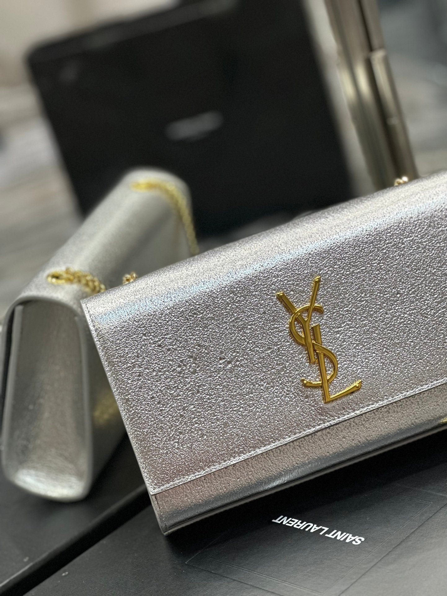 Saint Laurent Kate Medium Silver Glitter Shoulder Bag with Gold Hardware