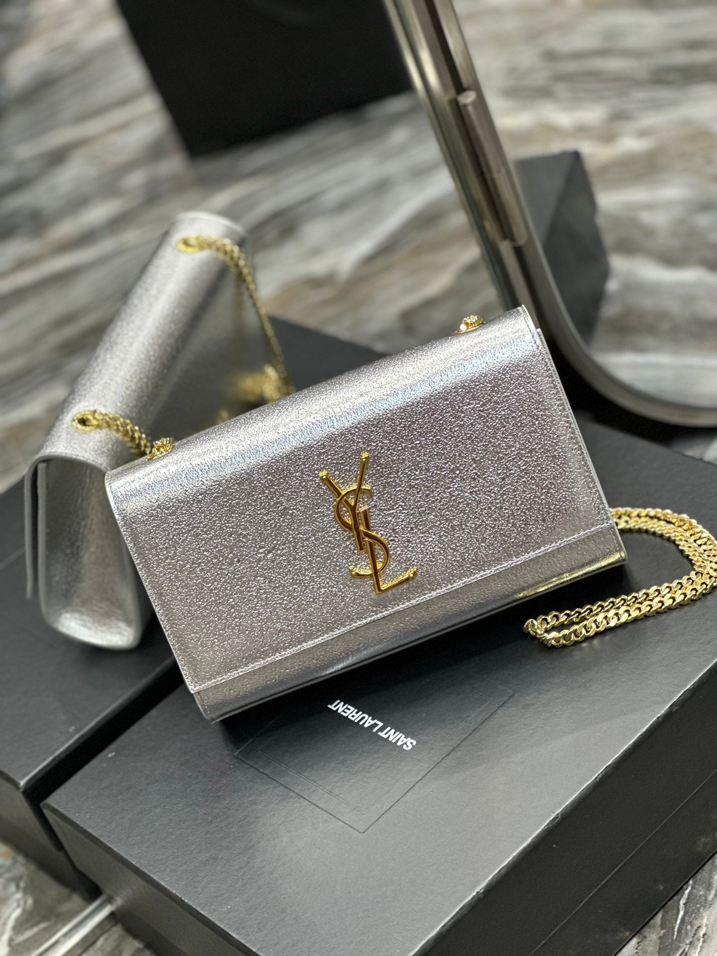 Saint Laurent Kate Medium Silver Glitter Shoulder Bag with Gold Hardware