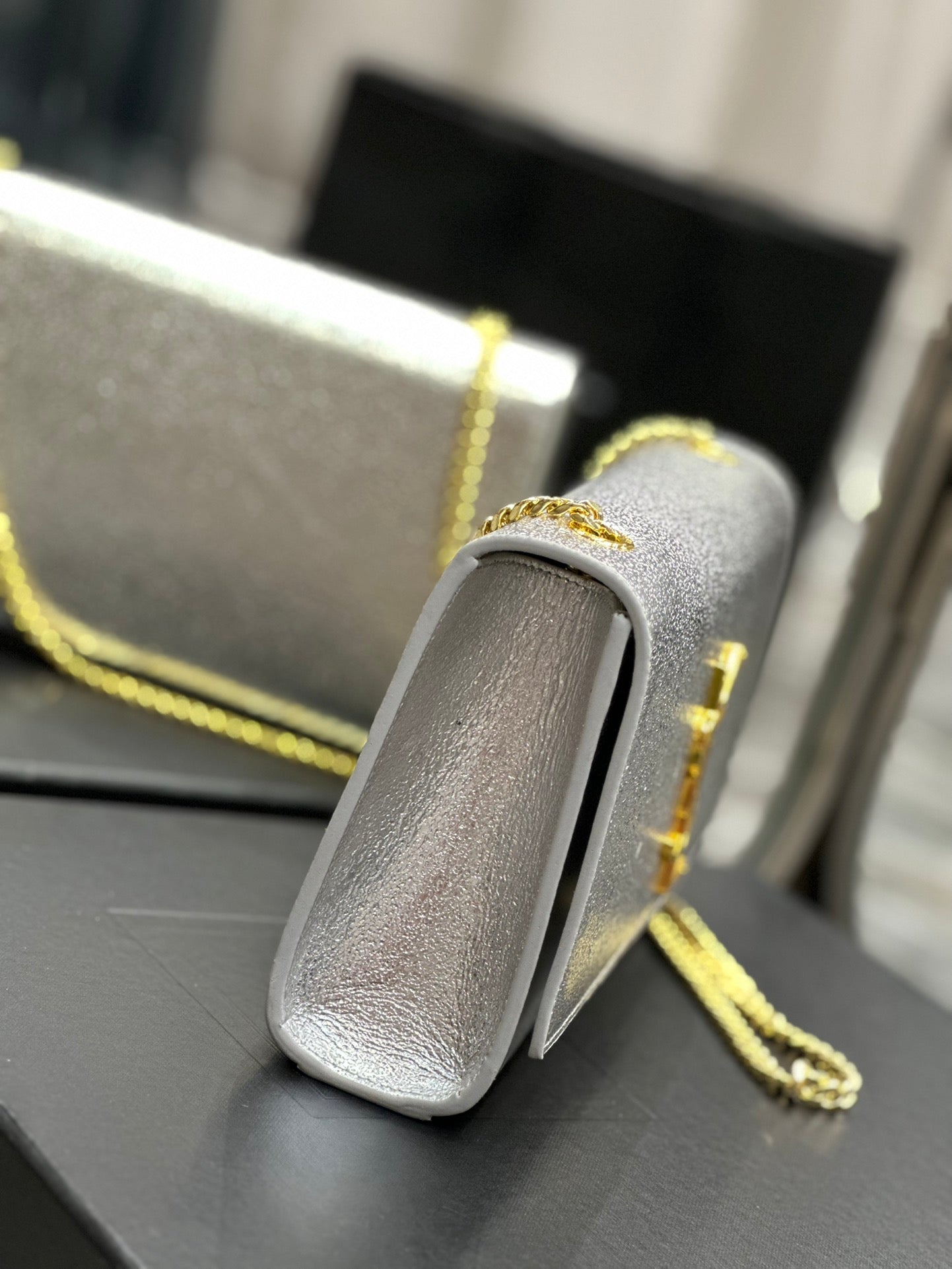 Saint Laurent Kate Medium Silver Glitter Shoulder Bag with Gold Hardware