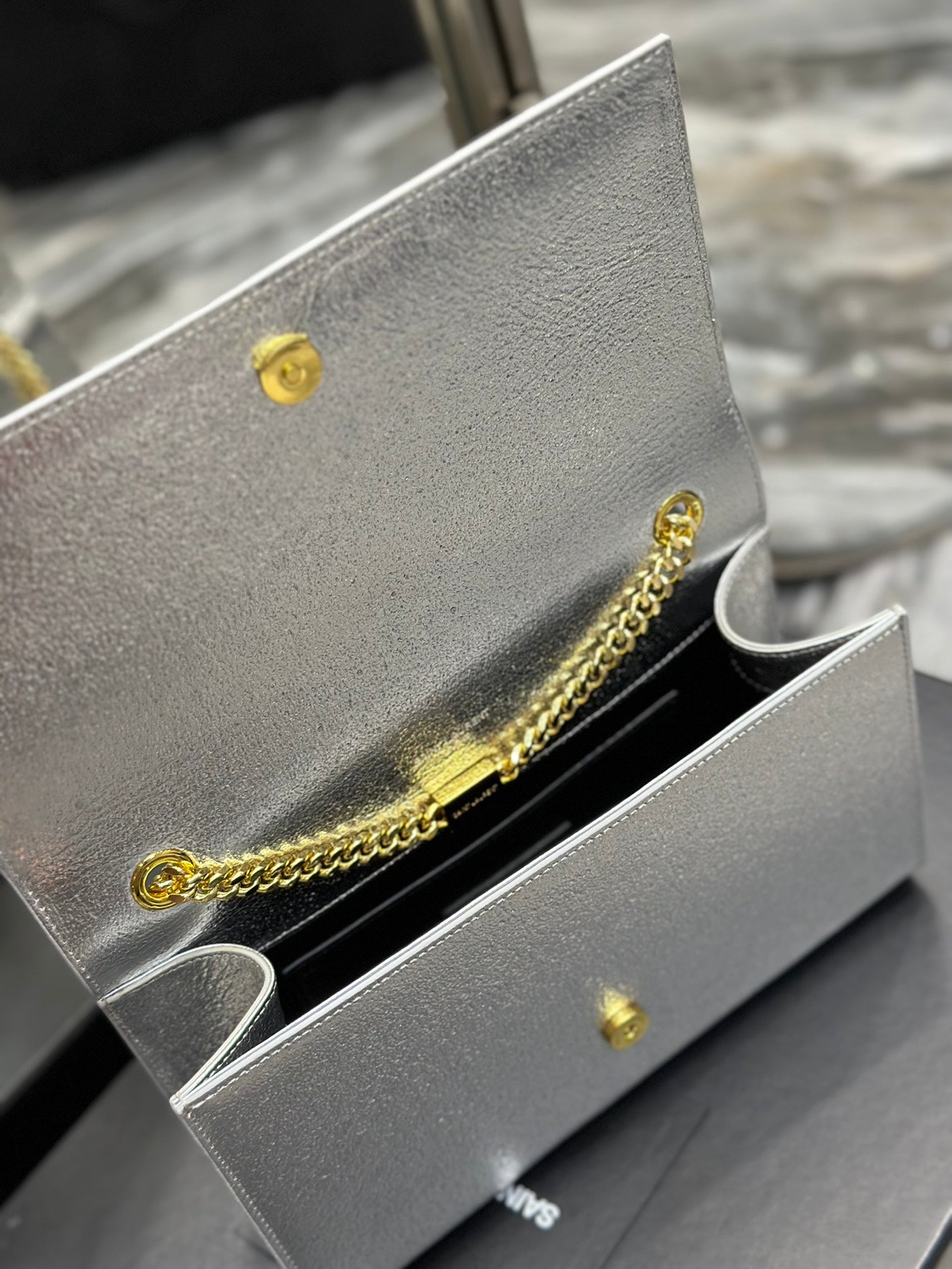 Saint Laurent Kate Medium Silver Glitter Shoulder Bag with Gold Hardware