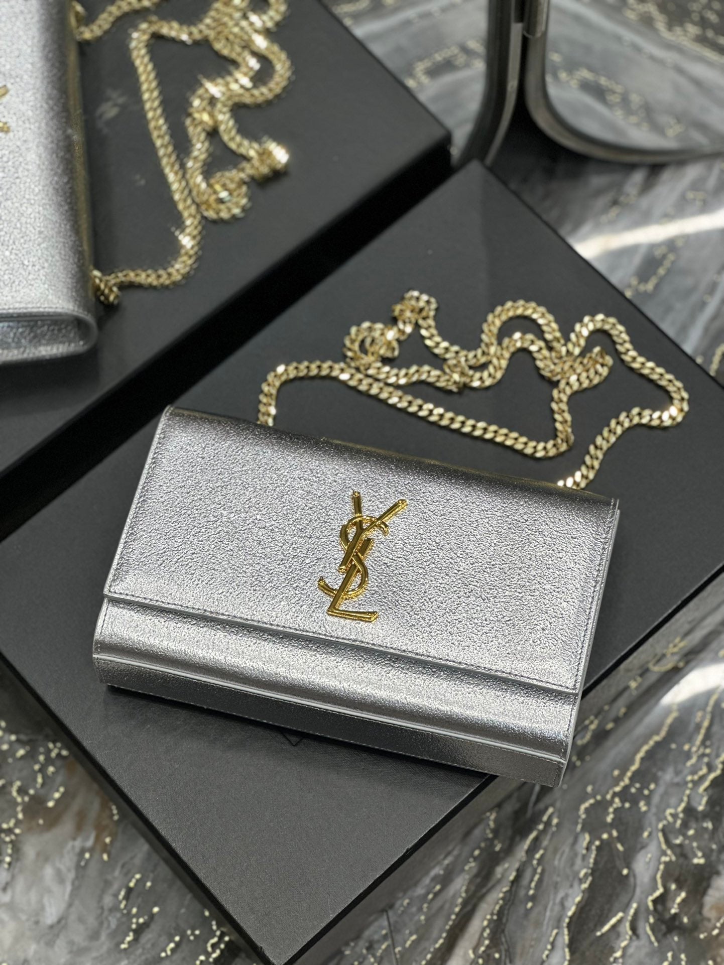 Saint Laurent Kate Medium Silver Glitter Shoulder Bag with Gold Hardware
