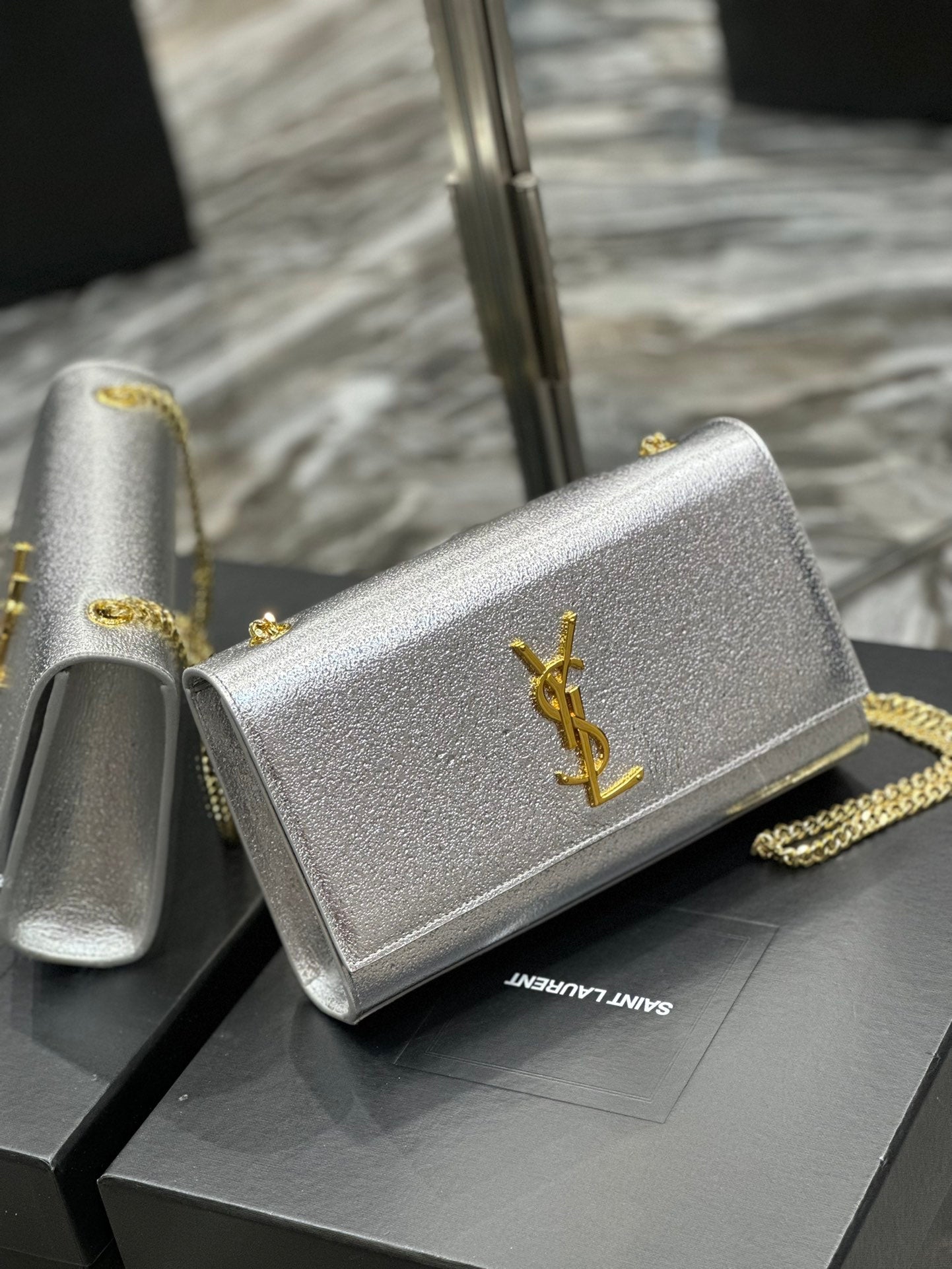 Saint Laurent Kate Medium Silver Glitter Shoulder Bag with Gold Hardware