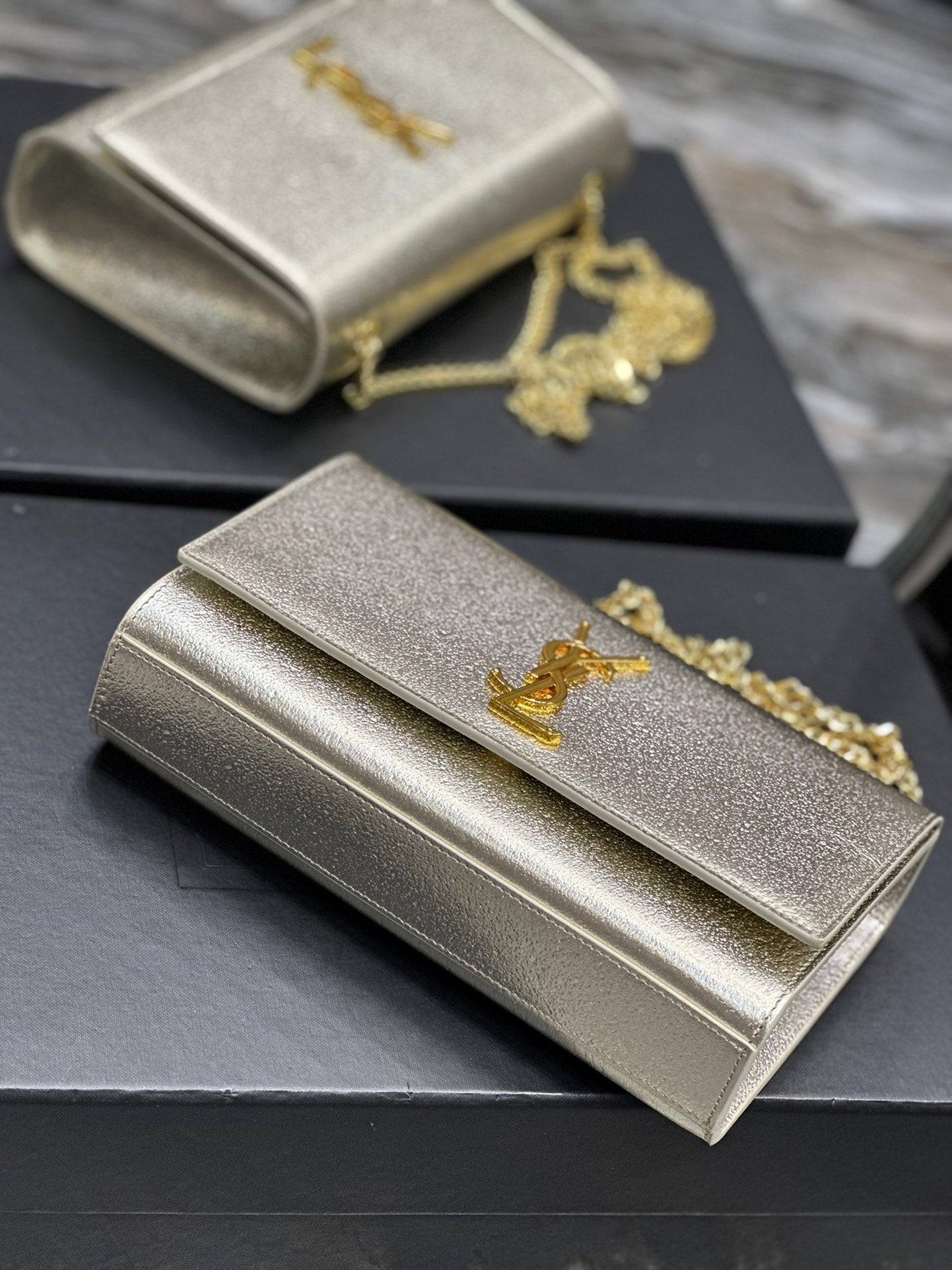 Saint Laurent Cassandre Chain Wallet in Metallic Gold Leather