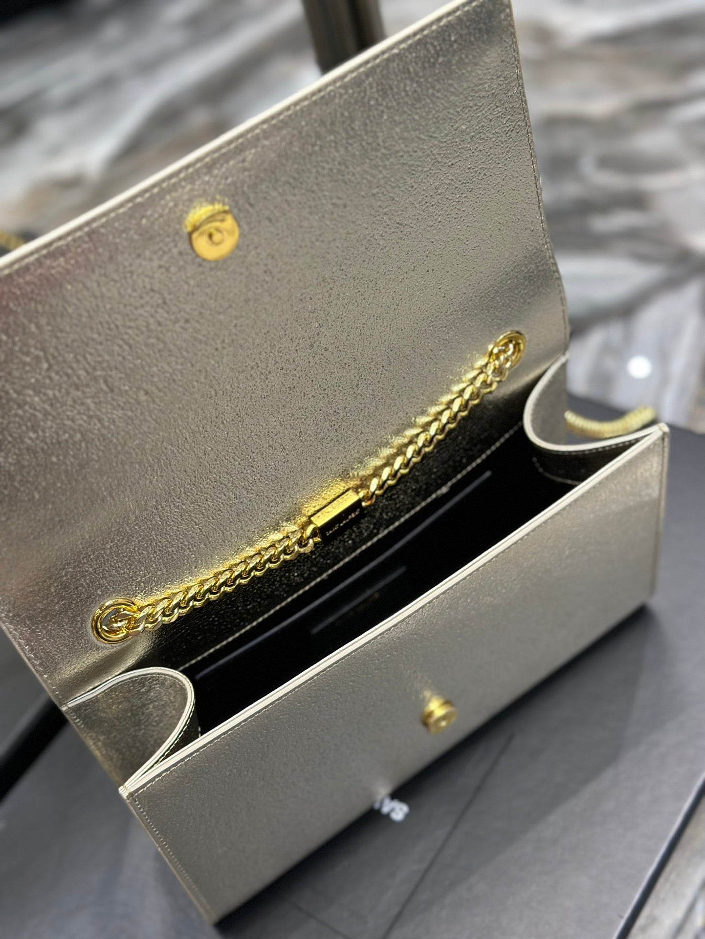 Saint Laurent Cassandre Chain Wallet in Metallic Gold Leather