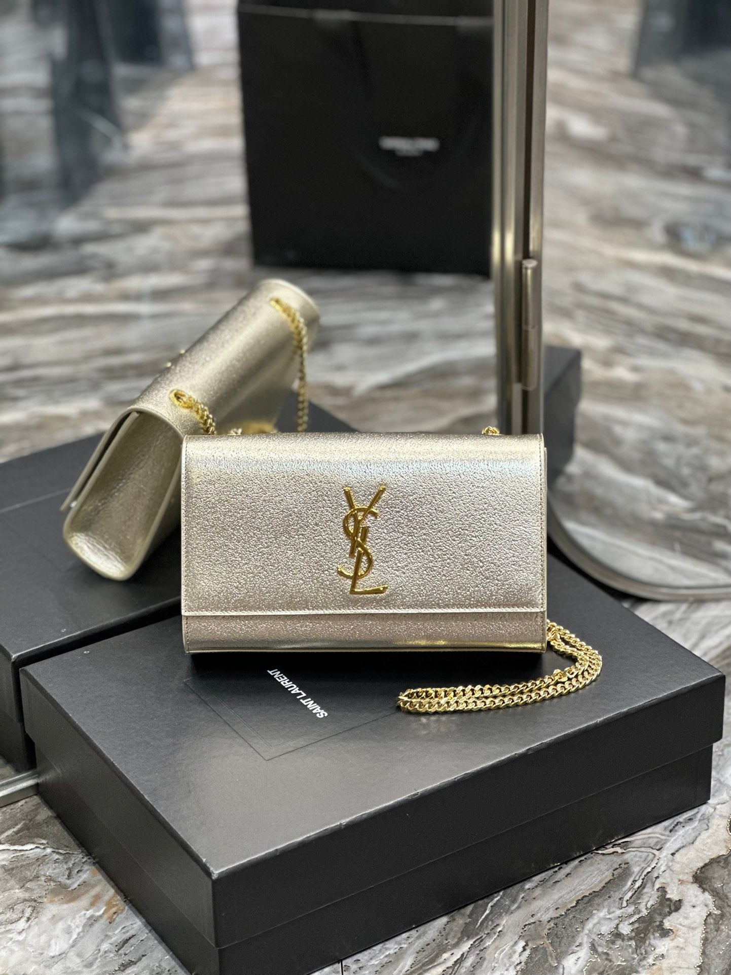 Saint Laurent Cassandre Chain Wallet in Metallic Gold Leather