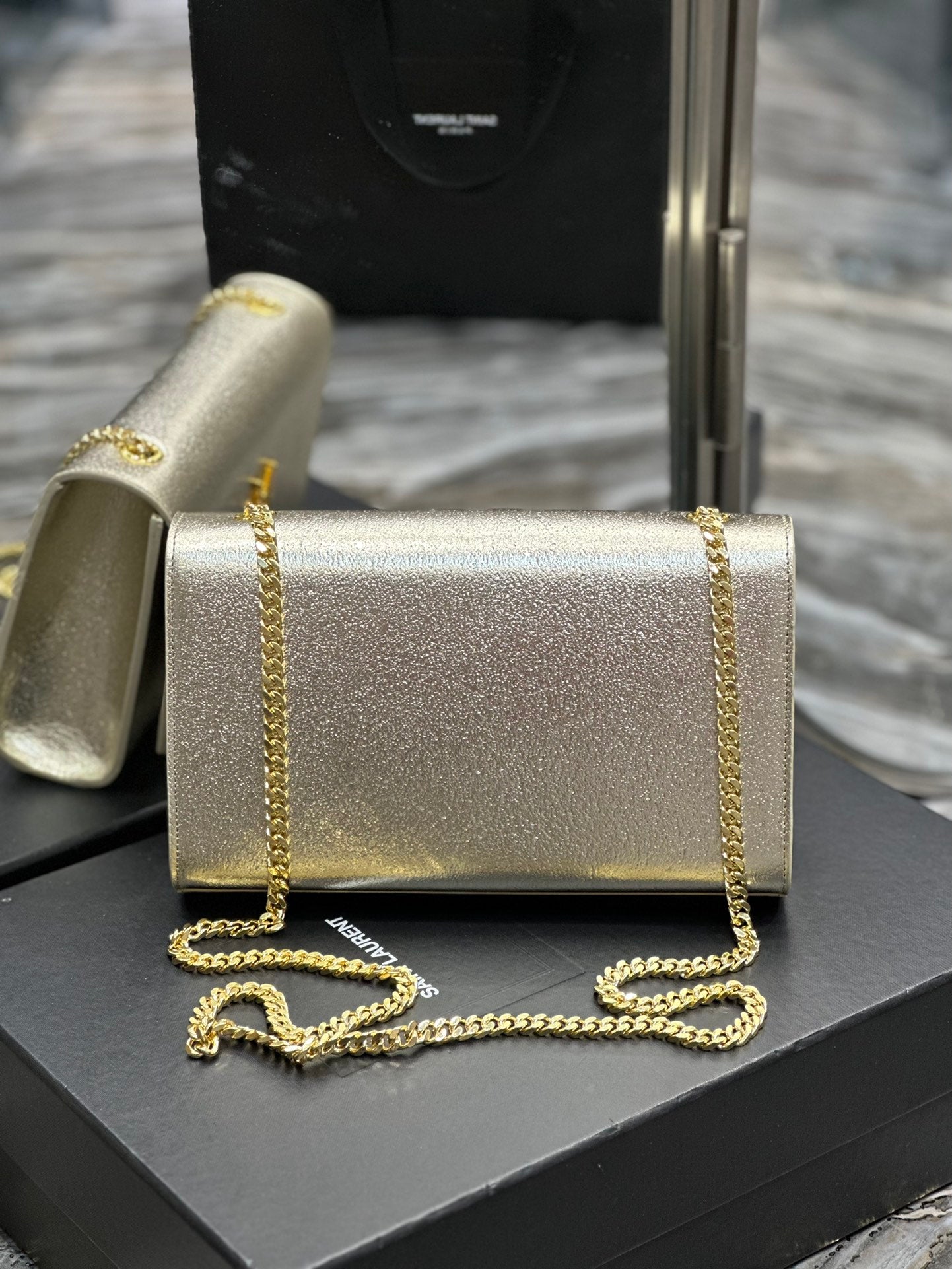 Saint Laurent Cassandre Chain Wallet in Metallic Gold Leather