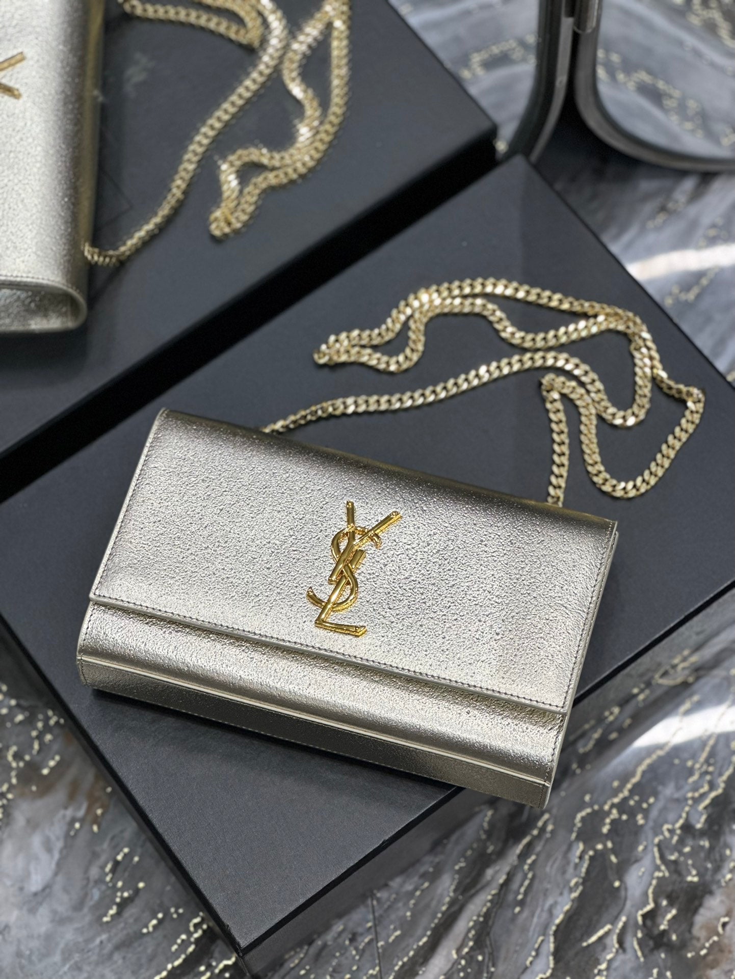 Saint Laurent Cassandre Chain Wallet in Metallic Gold Leather