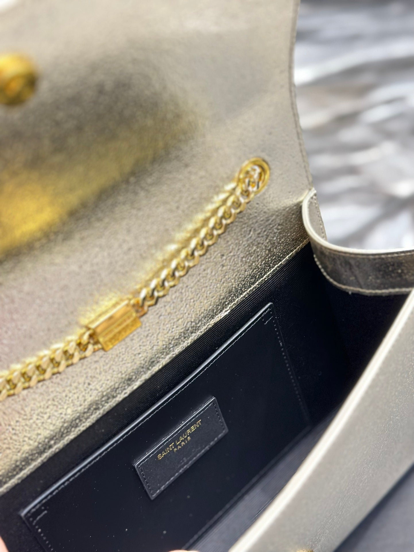 Saint Laurent Cassandre Chain Wallet in Metallic Gold Leather