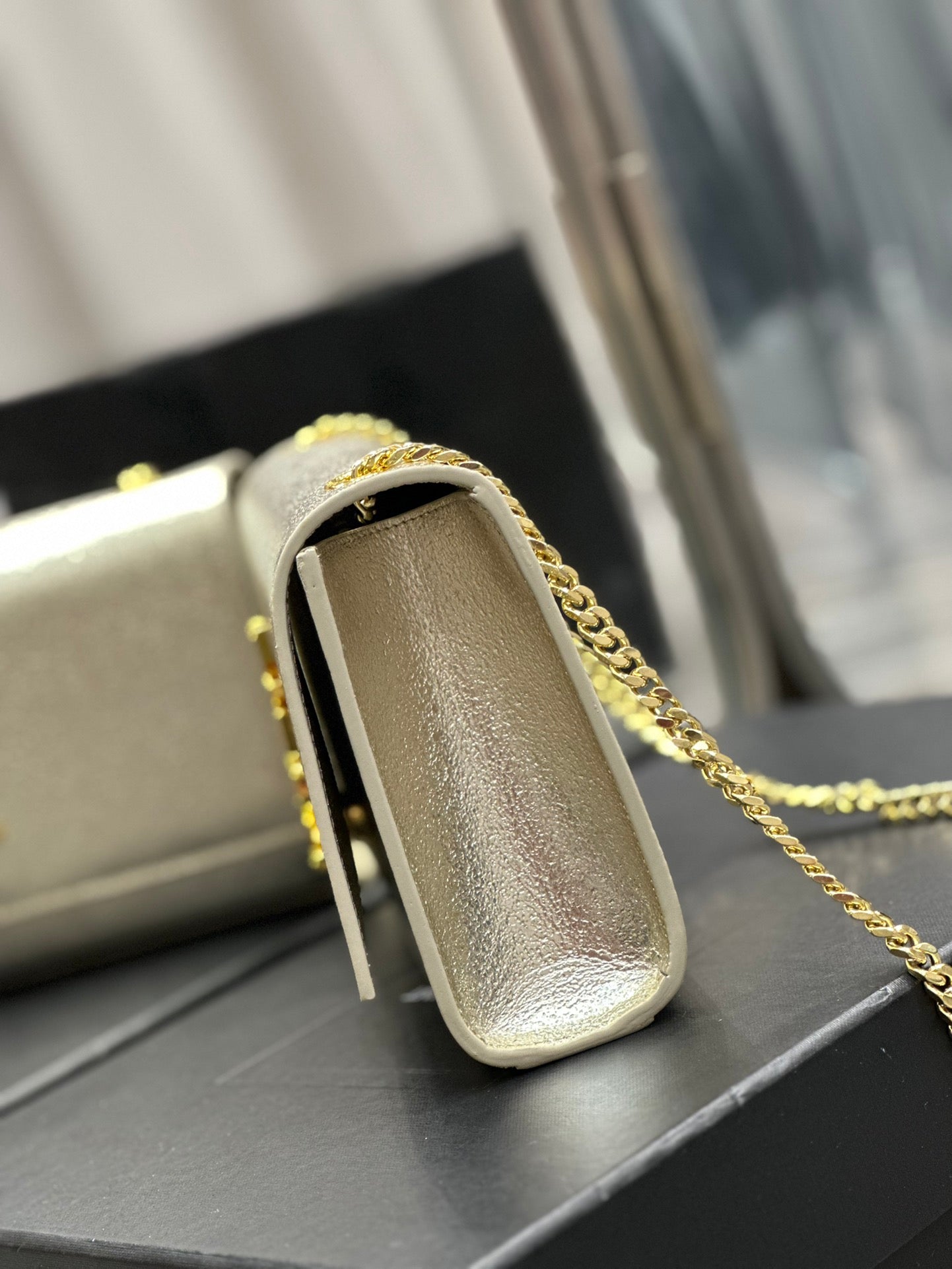 Saint Laurent Cassandre Chain Wallet in Metallic Gold Leather