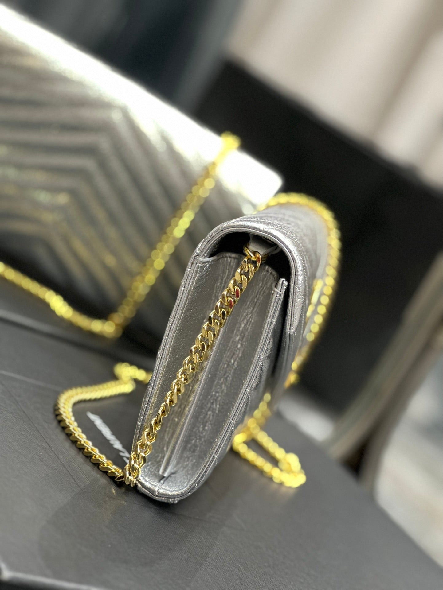 Saint Laurent Monogram Matelassé Leather Chain Wallet - Silver/Gold