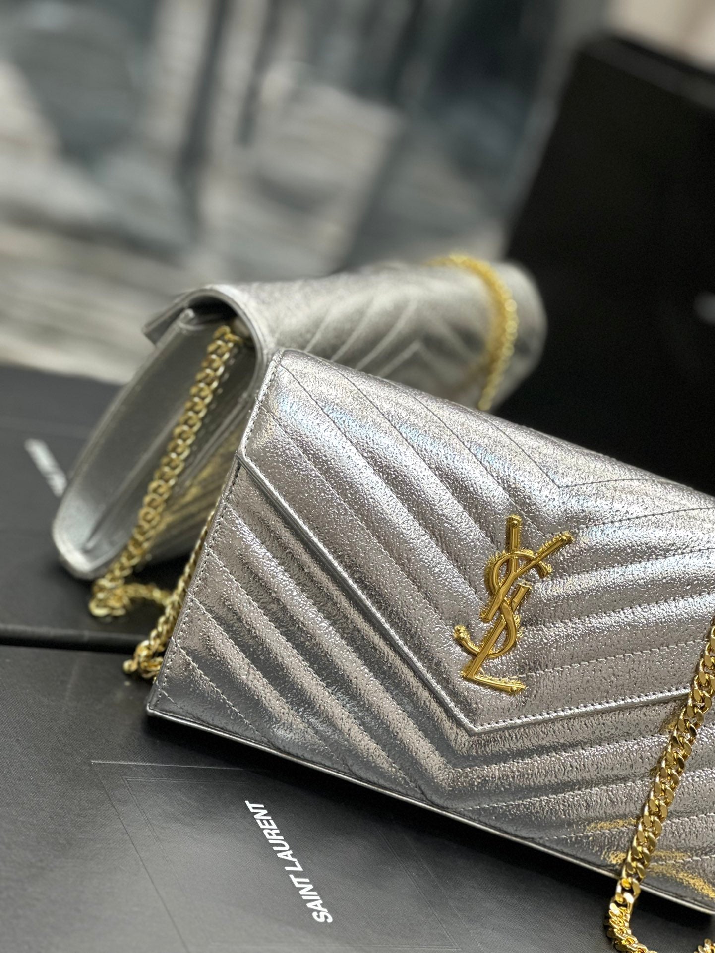 Saint Laurent Monogram Matelassé Leather Chain Wallet - Silver/Gold