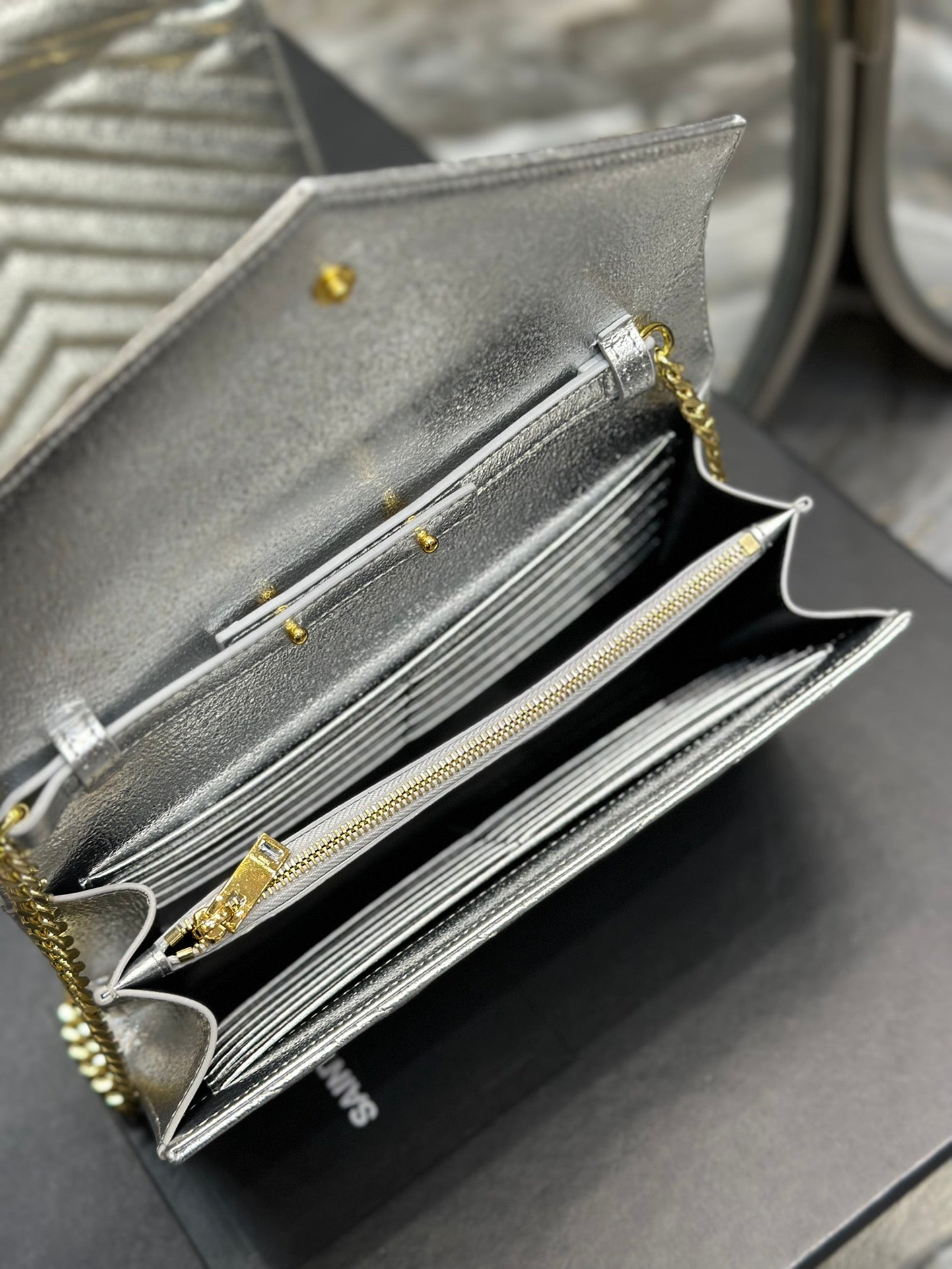 Saint Laurent Monogram Matelassé Leather Chain Wallet - Silver/Gold