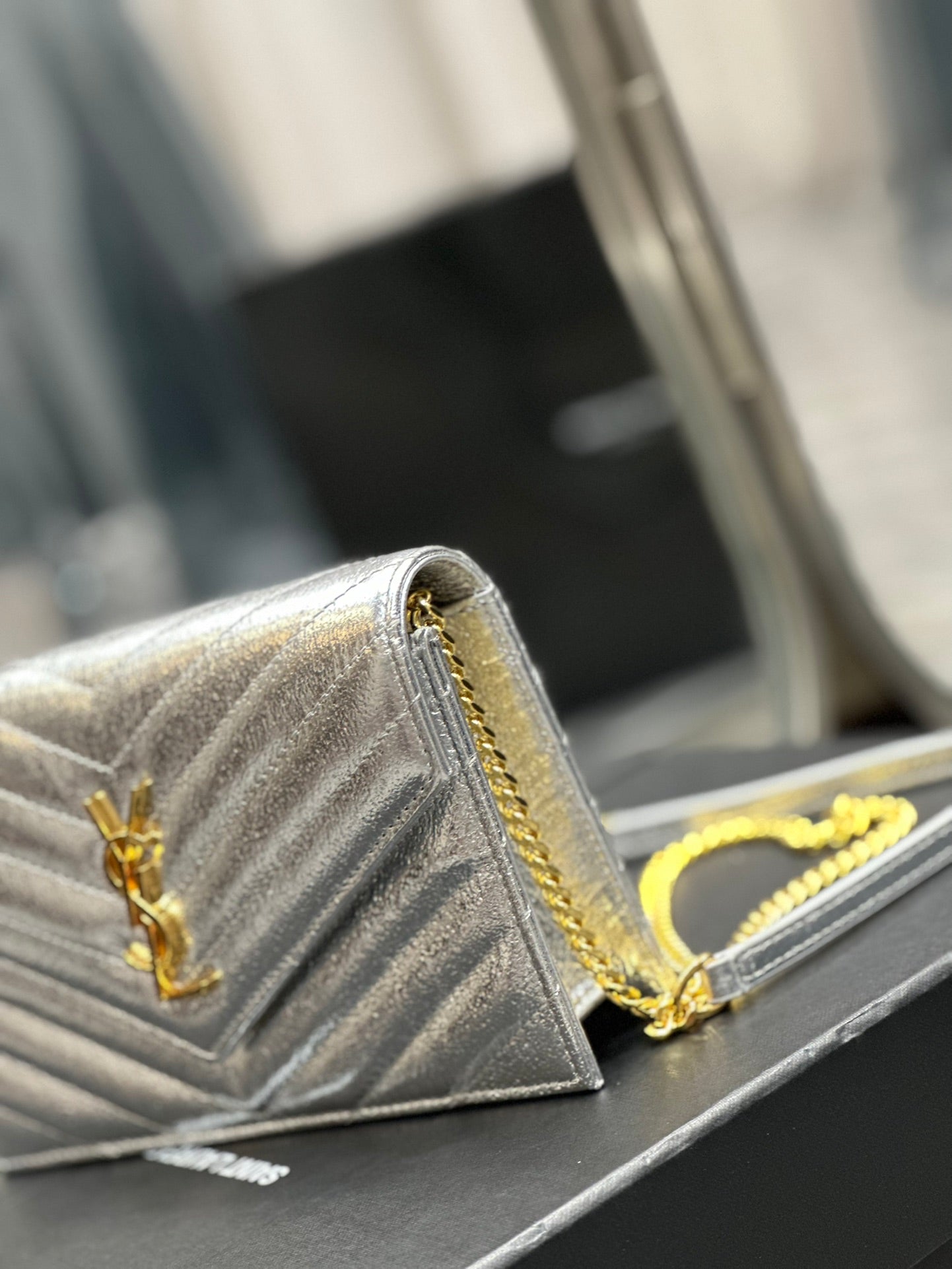 Saint Laurent Monogram Silver Quilted Leather Wallet on Chain with Gold Hardware