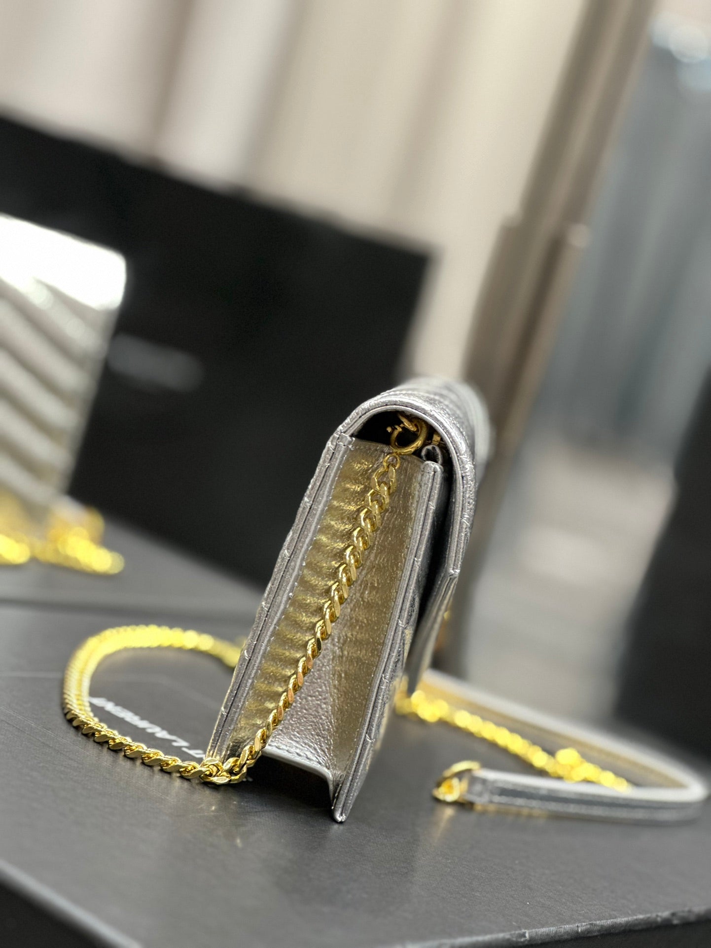 Saint Laurent Monogram Silver Quilted Leather Wallet on Chain with Gold Hardware