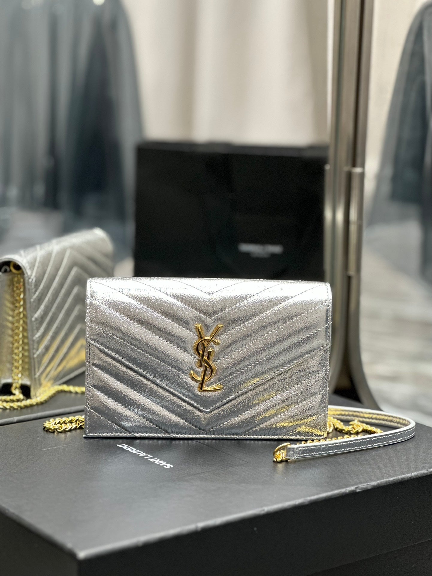 Saint Laurent Monogram Silver Quilted Leather Wallet on Chain with Gold Hardware