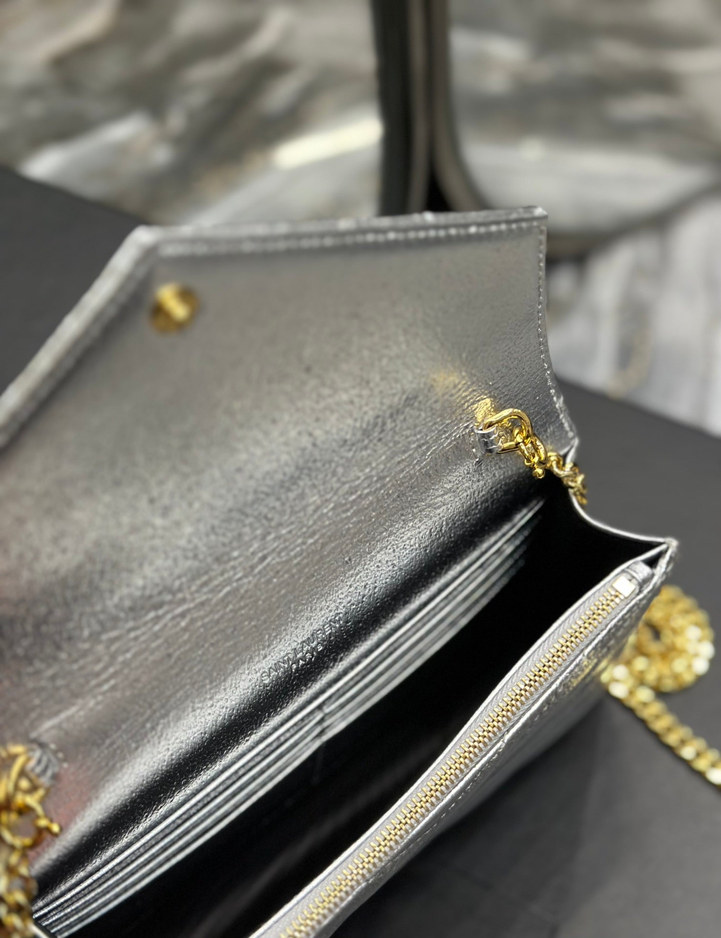 Saint Laurent Monogram Silver Quilted Leather Wallet on Chain with Gold Hardware