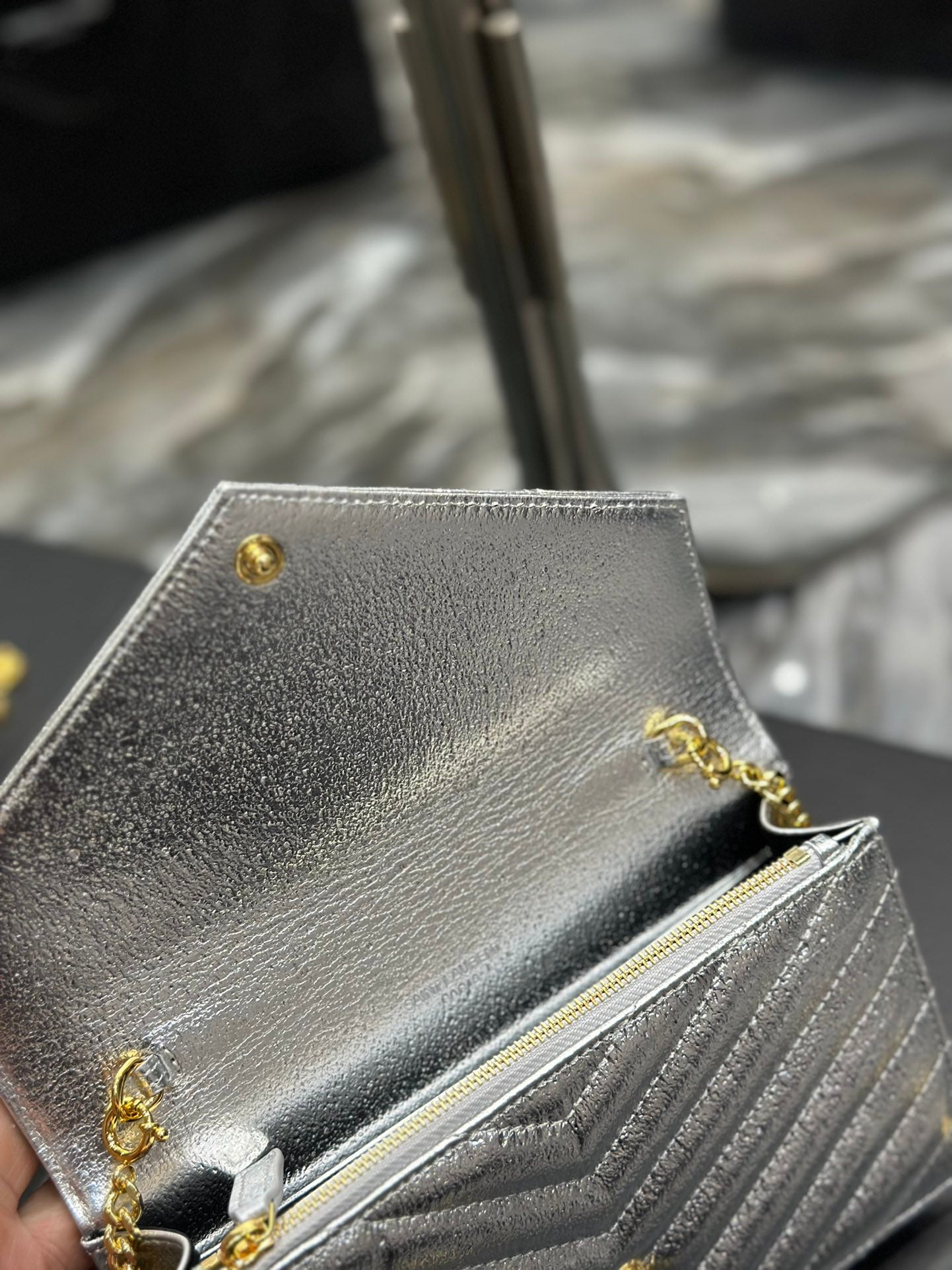 Saint Laurent Monogram Silver Quilted Leather Wallet on Chain with Gold Hardware