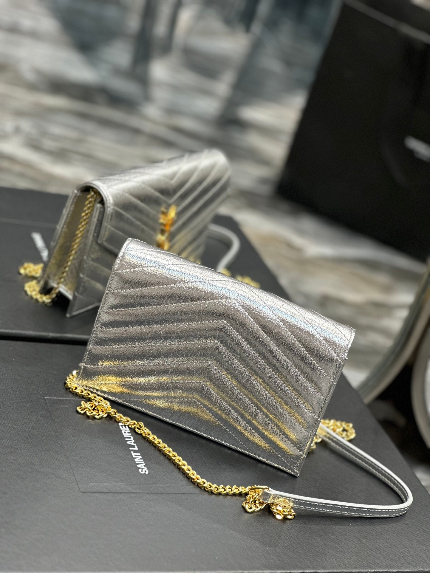 Saint Laurent Monogram Silver Quilted Leather Wallet on Chain with Gold Hardware