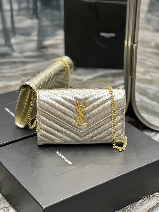 Saint Laurent Cassandre Matelassé Chain Wallet in Gold Leather