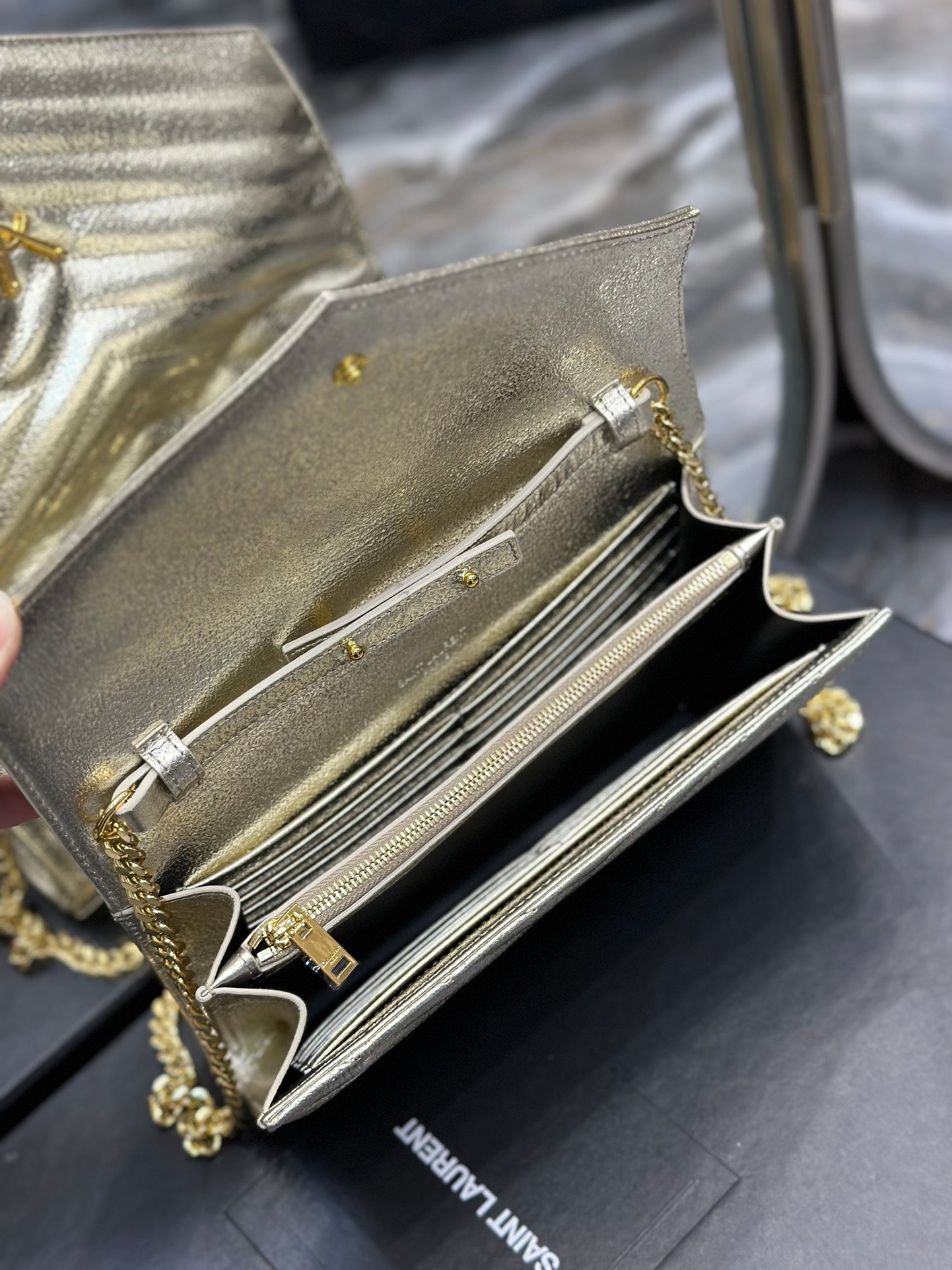 Saint Laurent Cassandre Matelassé Chain Wallet in Gold Leather